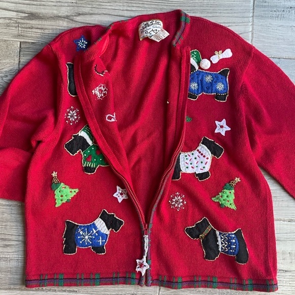 Vintage Christmas Sweater Scottish Terrier Dogs Zipper Front Red/Green SZ L - Picture 3 of 13